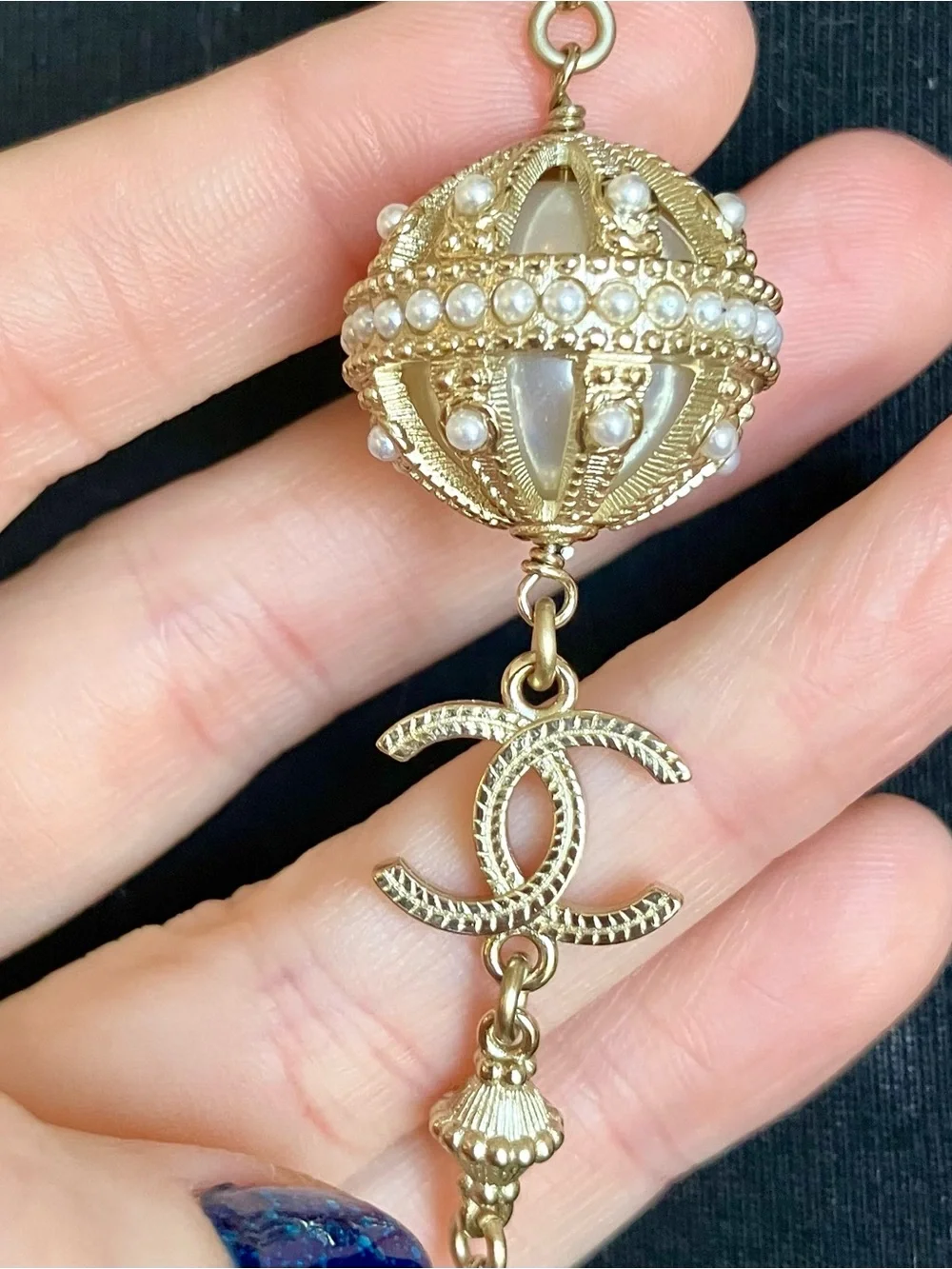 CHANEL 2021 Byzantine Gold-Tone Necklace with Pearl Stations and CC Accents
